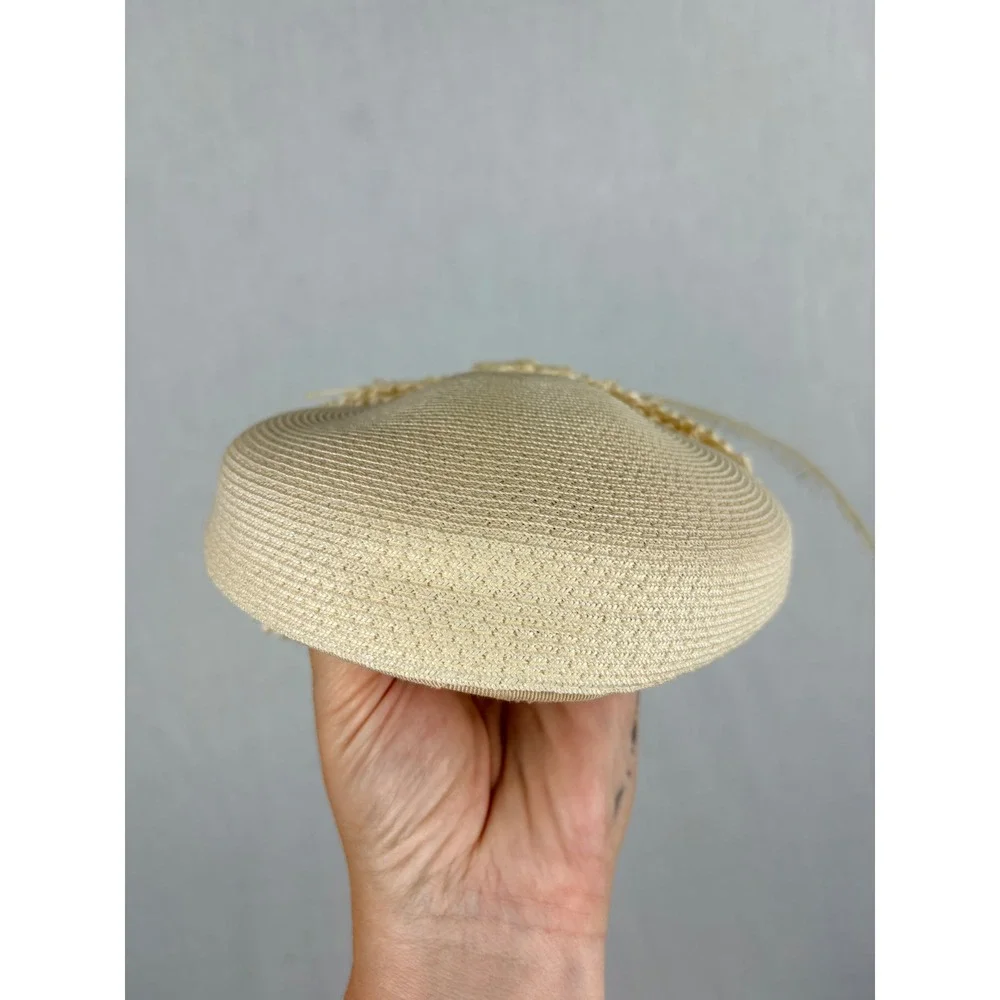Vintage Cream Straw Pillbox Hat Feather Gemstone Detail Formal Church Wedding